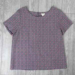 J. Crew Top Blouse Shirt Light Short Sleeve Geometric BOHO Coral Black Women's M